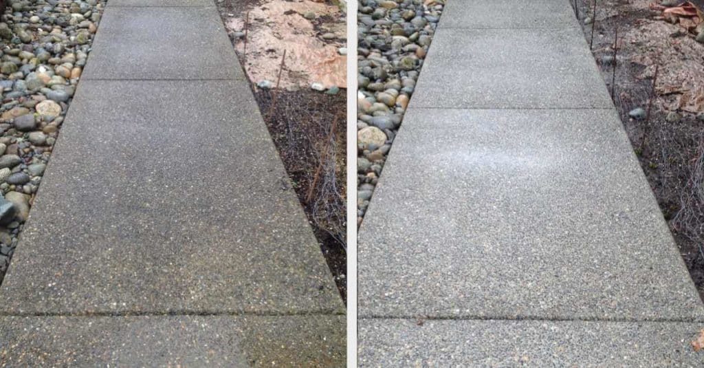 Sidewalk before and after power washing.