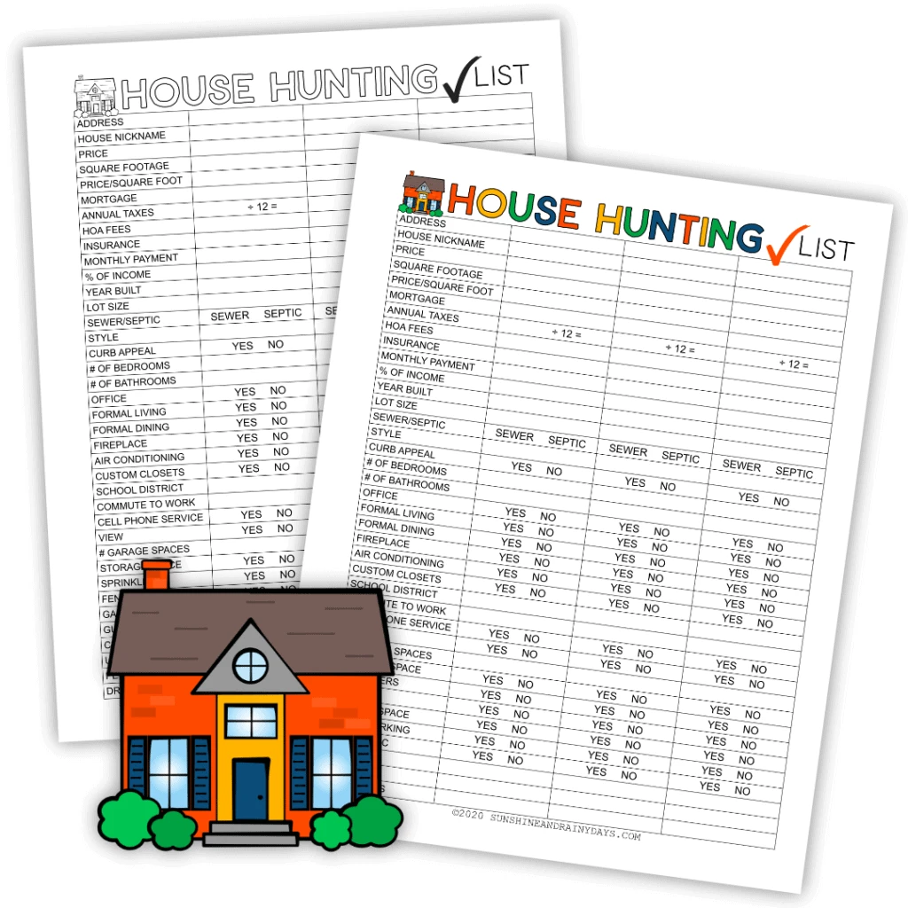 House hunting checklist in color or black and white.