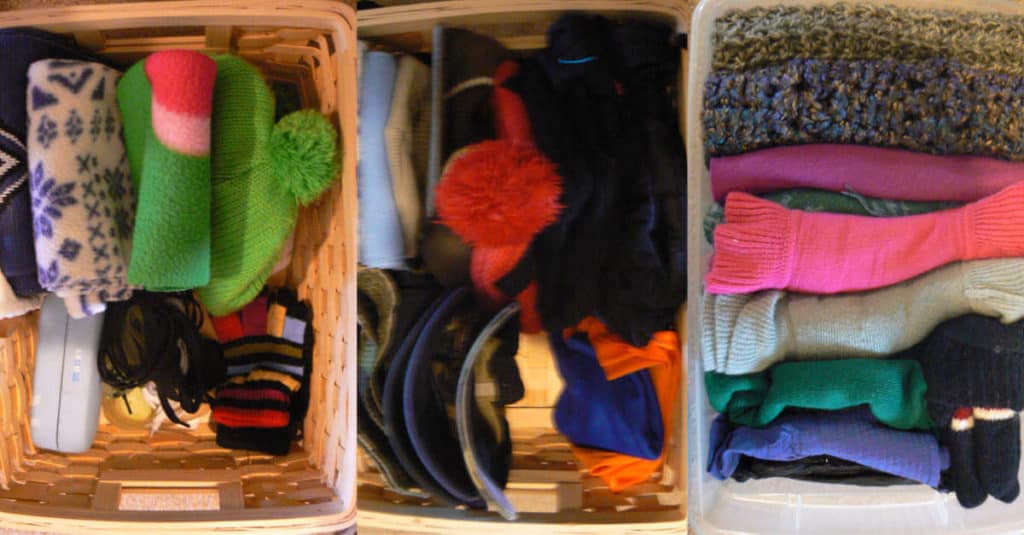 Organized baskets of hats, gloves, and scarves to put in the coat closet.