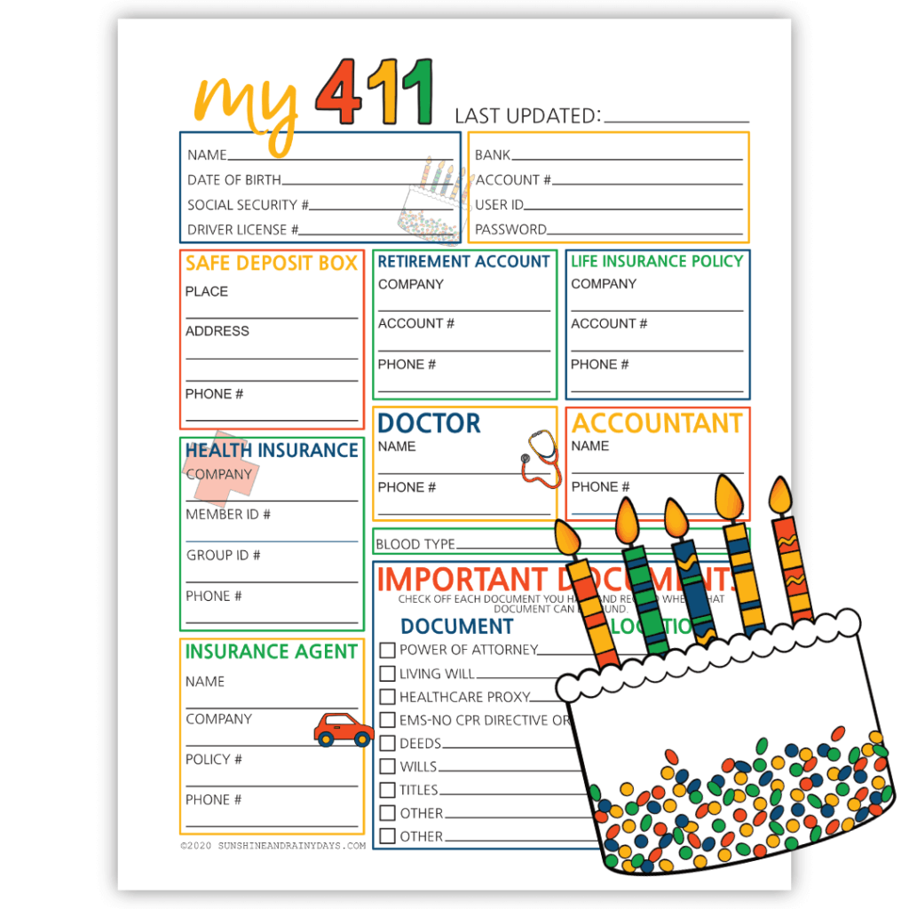 My 411 - Personal Information Worksheet - In Case Of Emergency