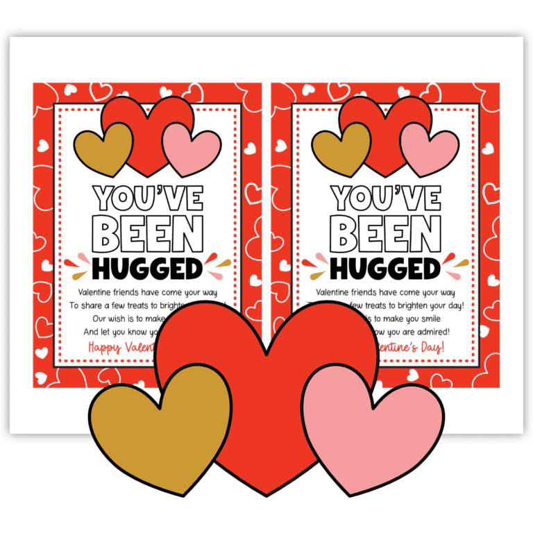 Two printable You've Been Hugged Tags on one page with clip art hearts in front.