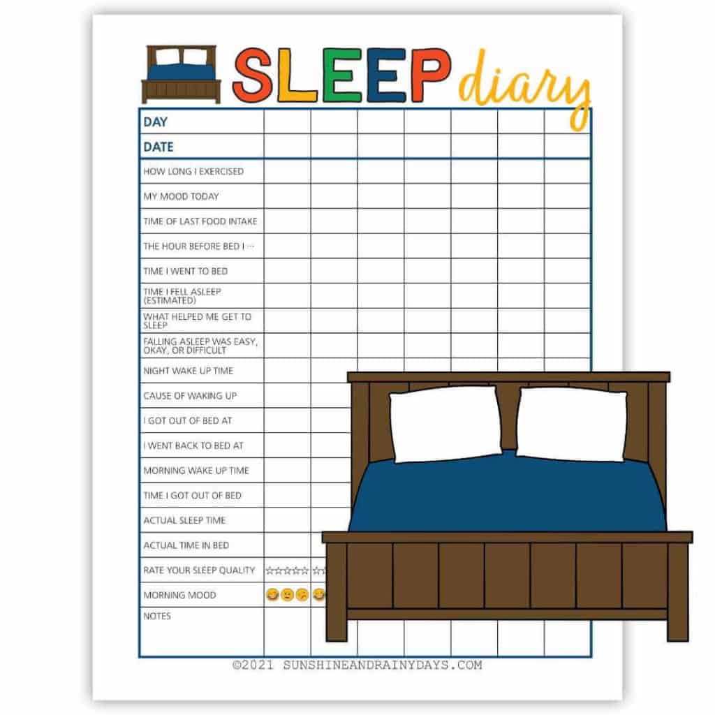 Sleep diary printable to record the specifics of your sleep or lack of sleep.