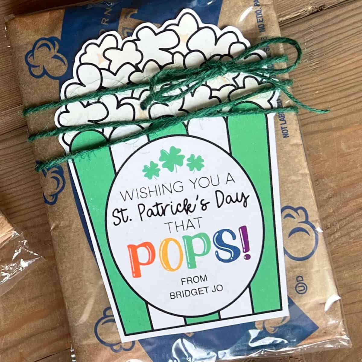 St. Patrick's Day tag on a bag of microwave popcorn.