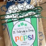 St. Patrick's Day tag tied to a bag of microwave popcorn.