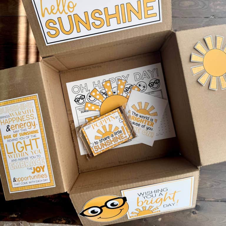 Image of a box with printables adhered to the box flaps with a sunshine theme.