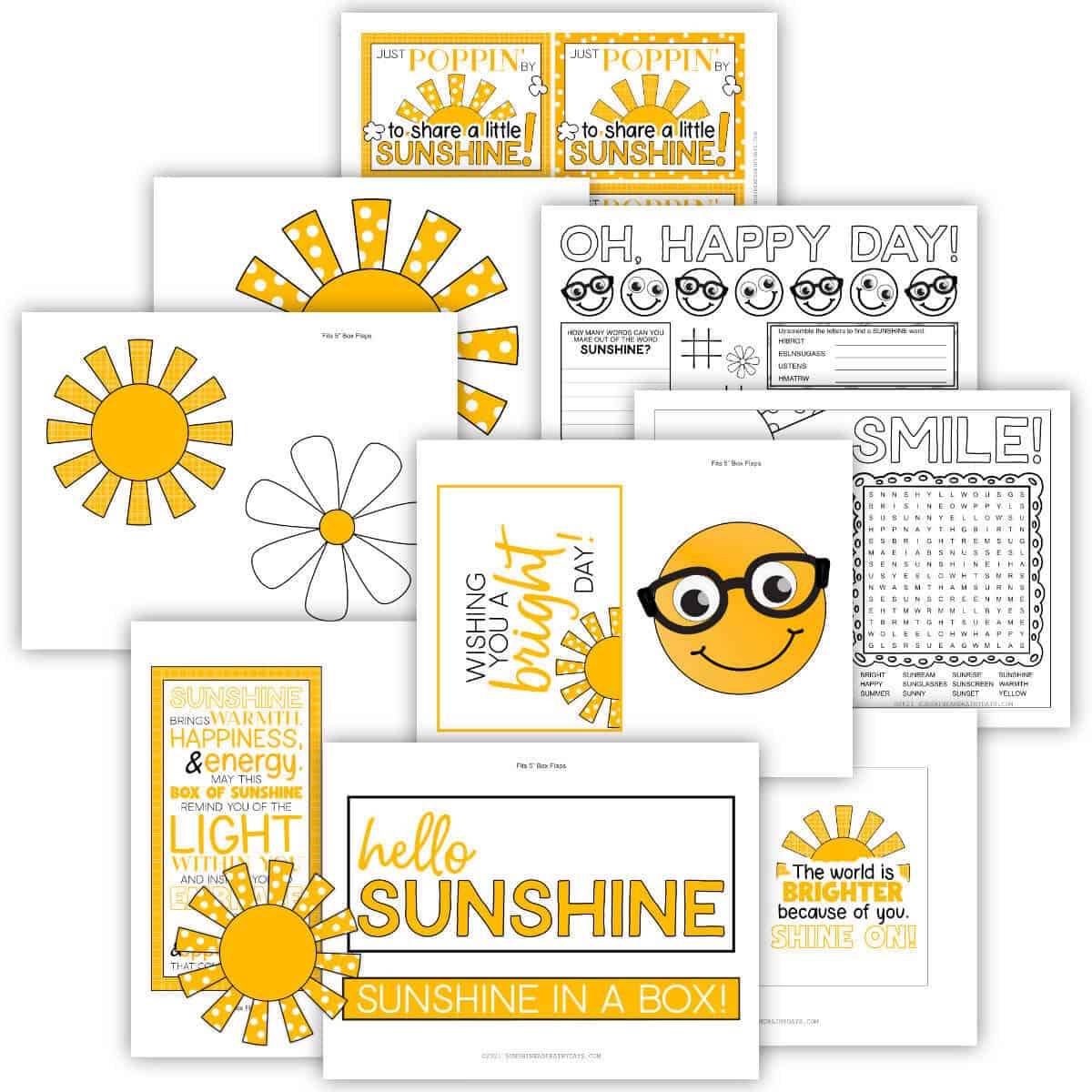 Image of multple printable pages for decorating a Sunshine Box.