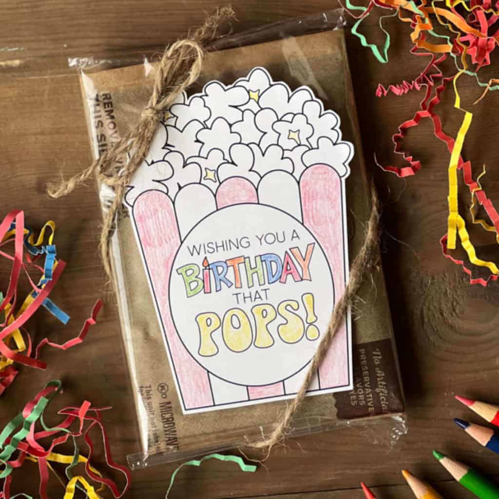 Wishing You A Birthday That POPS! microwave popcorn tag that you can color!