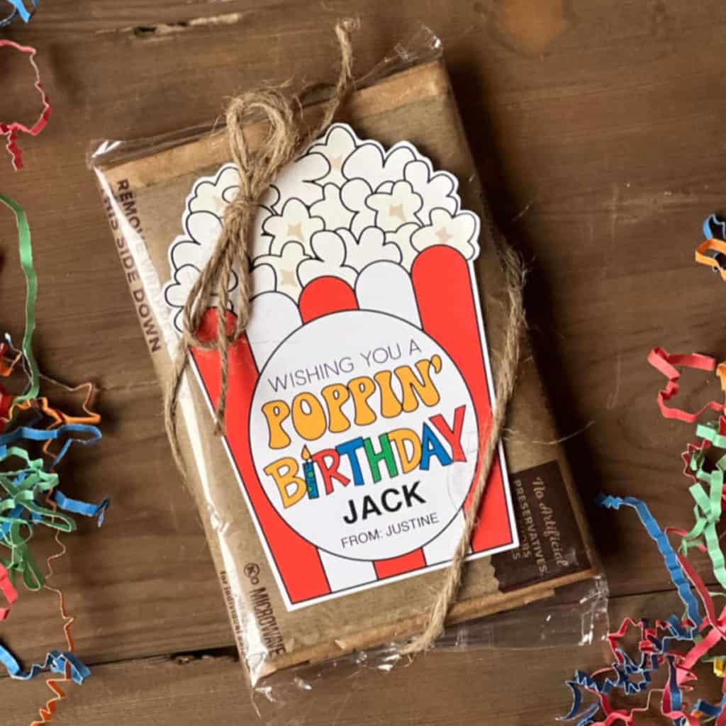 Wishing You A Poppin' Birthday microwave popcorn tag that's fillable!