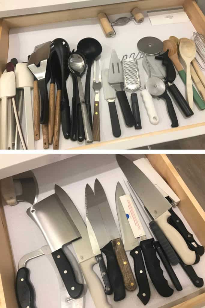 Utensils and Cutlery organized in kitchen drawers.