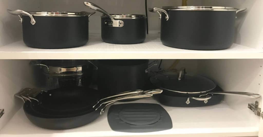 Organized pots and pans.