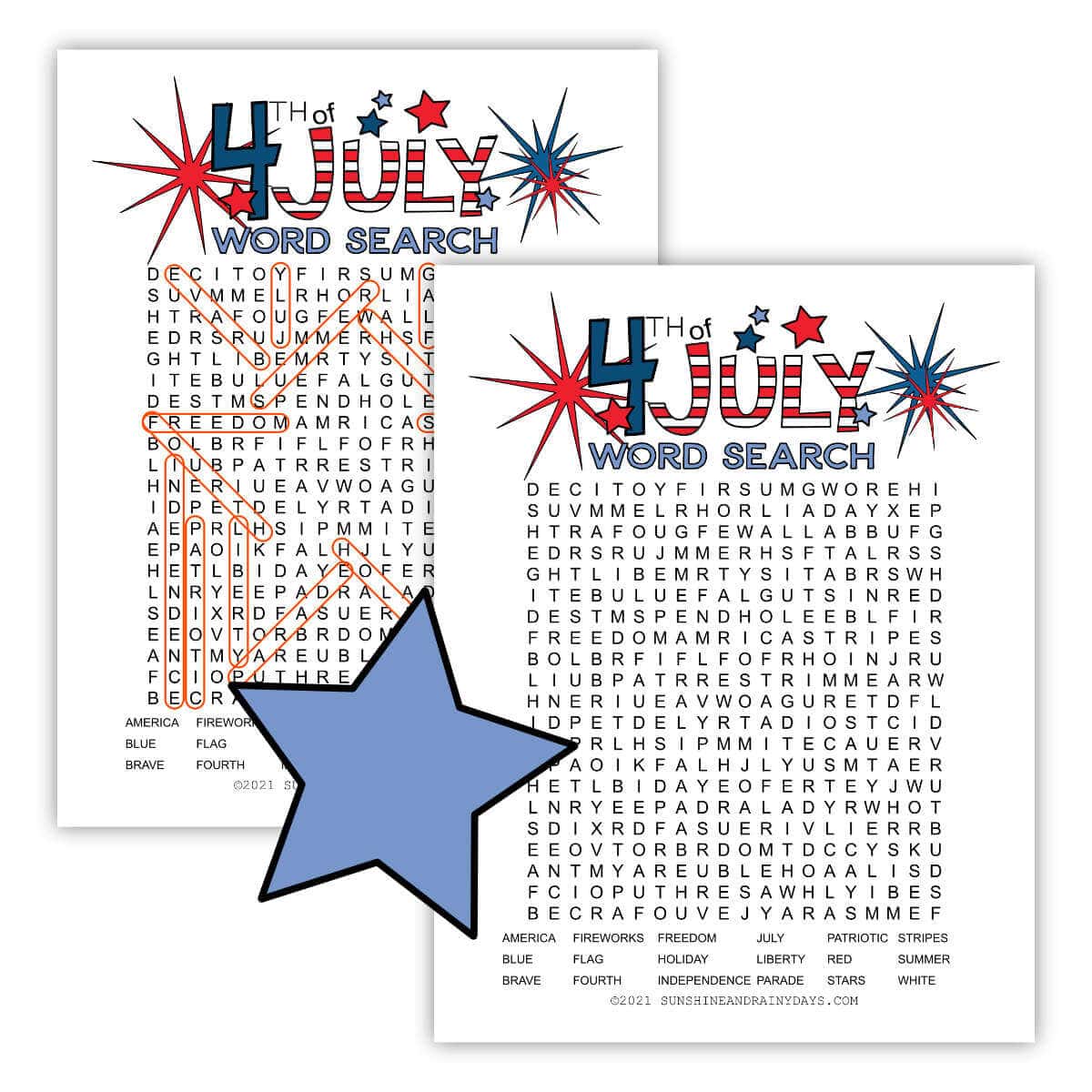 Printable 4th of July Word Search with an answer sheet and a clipart blue star on top.