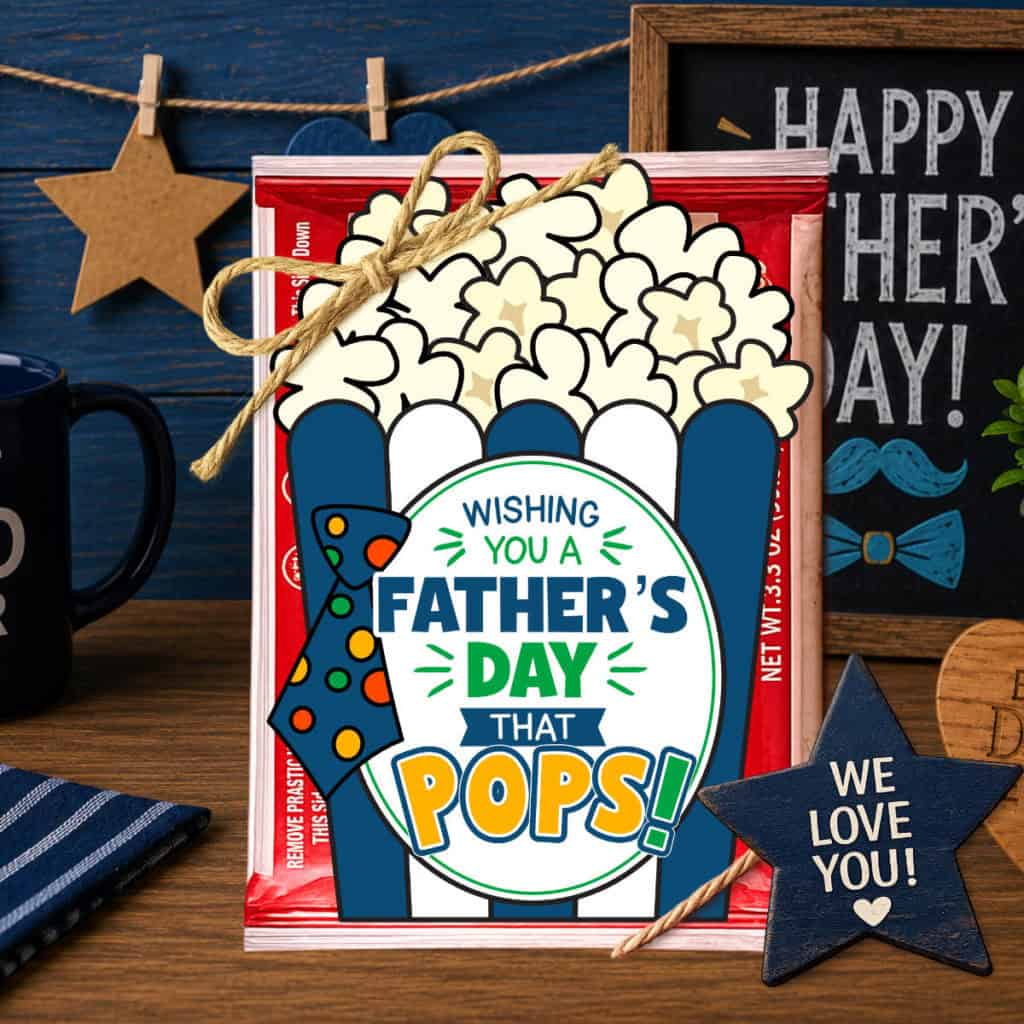 Image of a printable Father's Day Popcorn Tag tied to a bag of microwave popcorn with Father's Day decor around it.