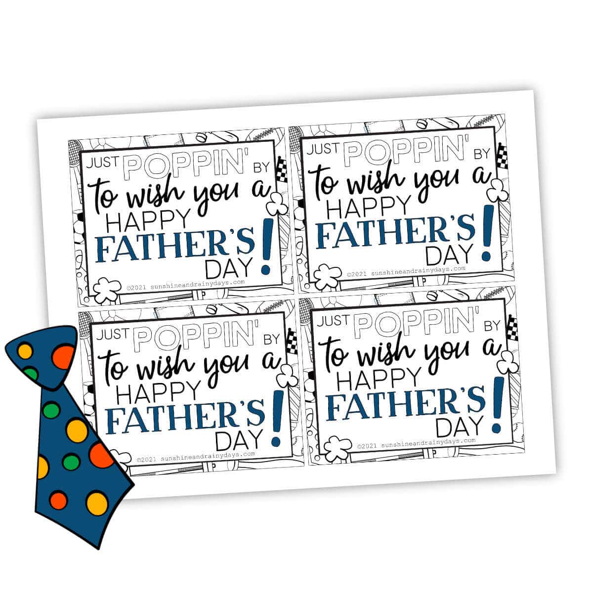 Four Just Poppin' By To Wish You A Happy Father's Day microwave popcorn tags on a page with a clipart tie.