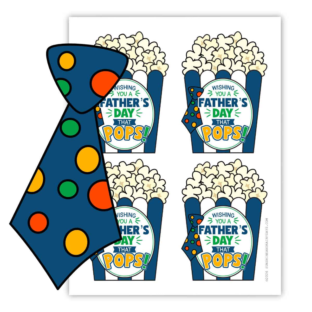 Image of a printable page with four Father's Day Popcorn Tags on the page and a clipart tie on the left.