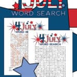 Printable 4th of July Word Search and answer sheet with a red and white striped background and blue clipart stars.