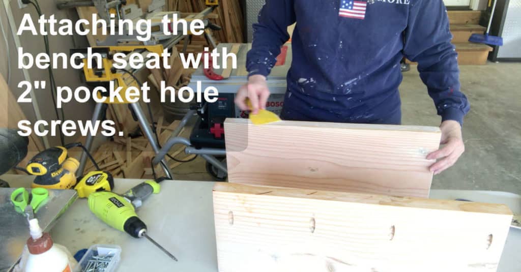 Attaching the bench seat boards with 2" pocket hole screws.
