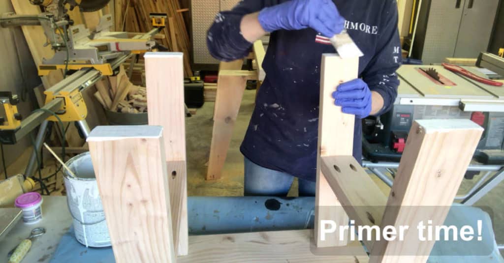 Priming the DIY Bench to get it ready for paint.