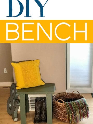 Small DIY Bench styled with a pillow, basket, boots, and artwork!