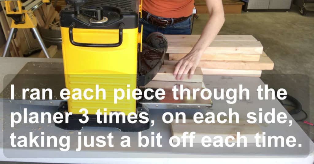 Running lumber through a Dewalt planer to build a bench.