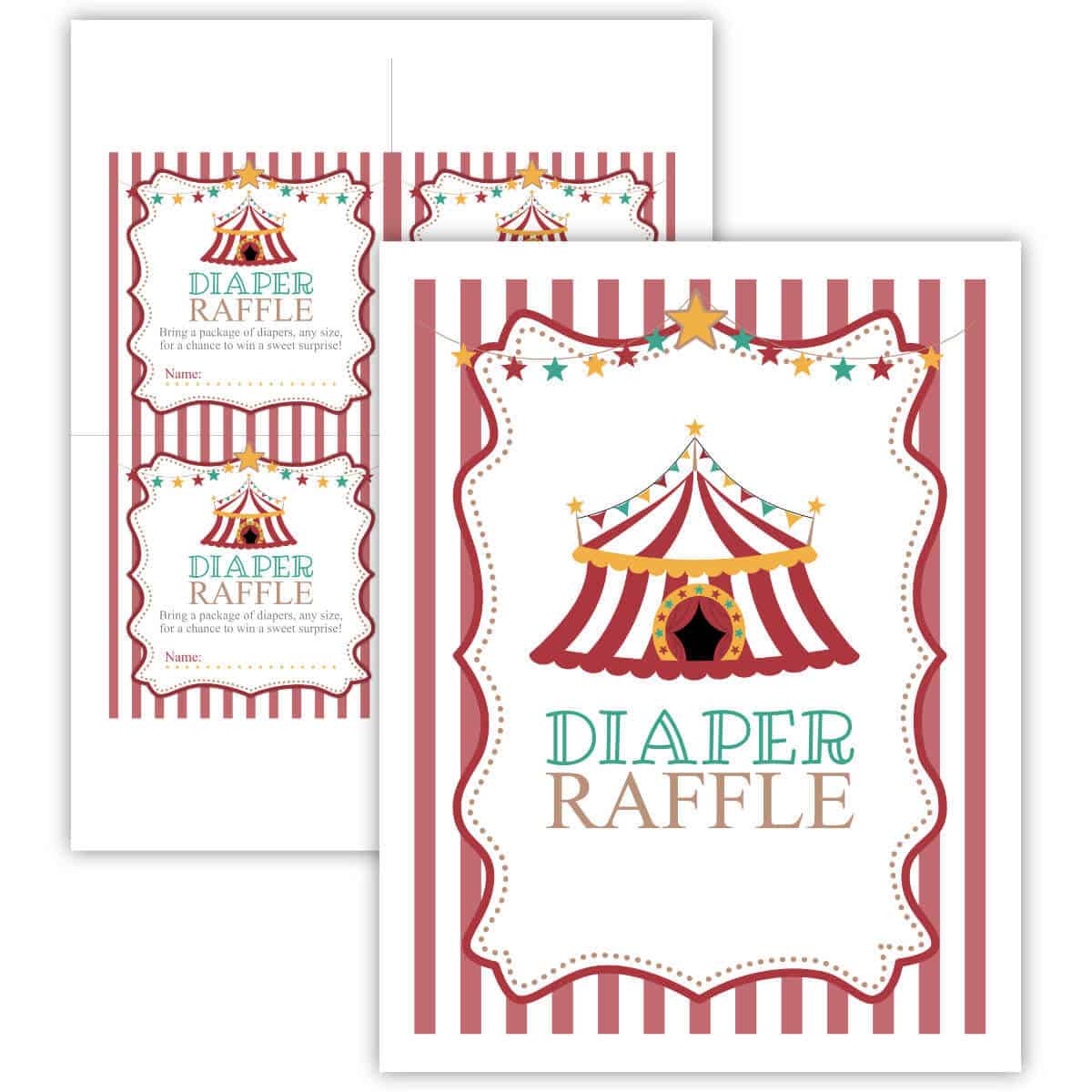 Image of two printable pages for a circus themed diaper raffle.