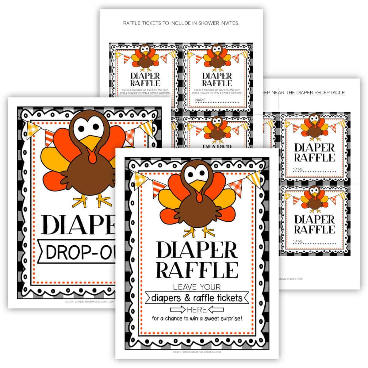 Image of four printable pages for a Thanksgiving themed diaper raffle.