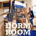 College girl climbing the ladder to her bed in a college dorm room.