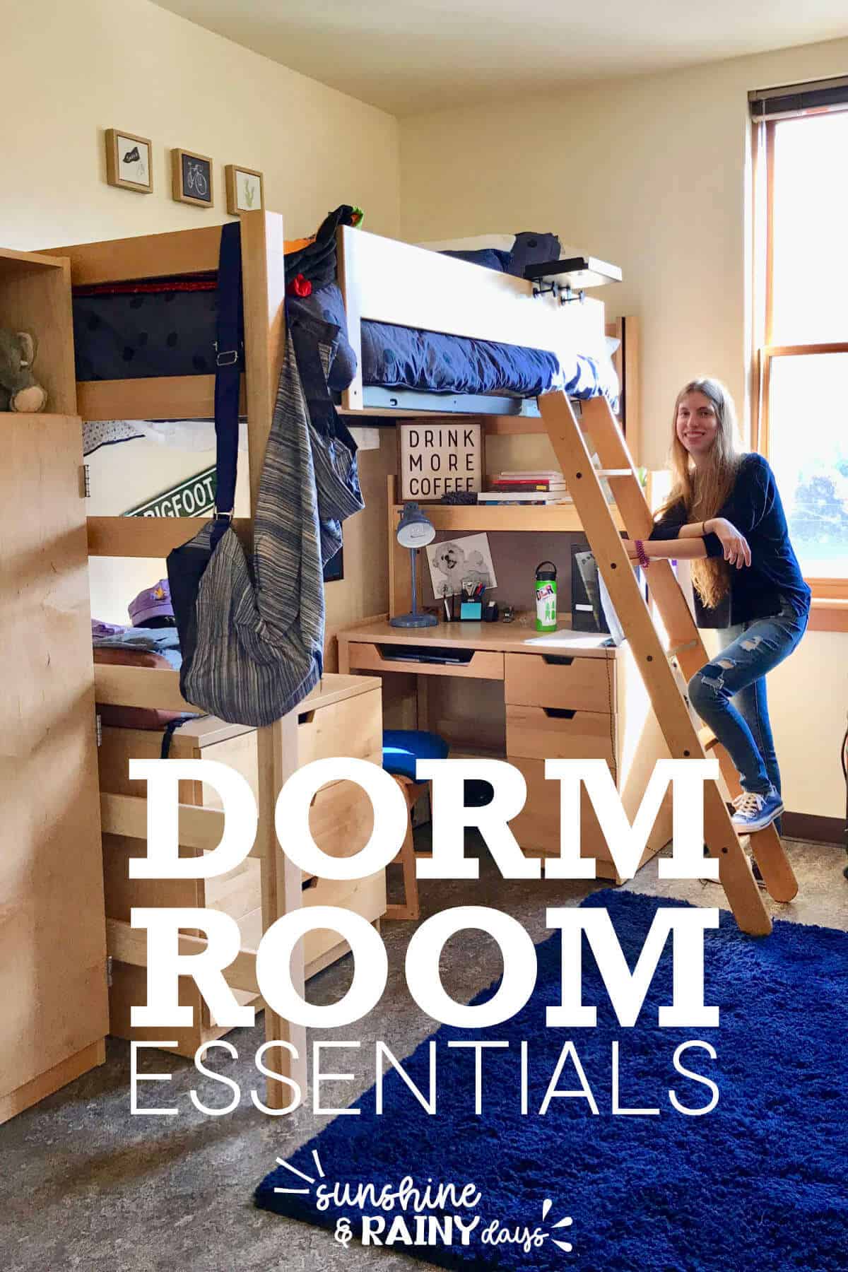 College girl climbing the ladder to her bed in a college dorm room.