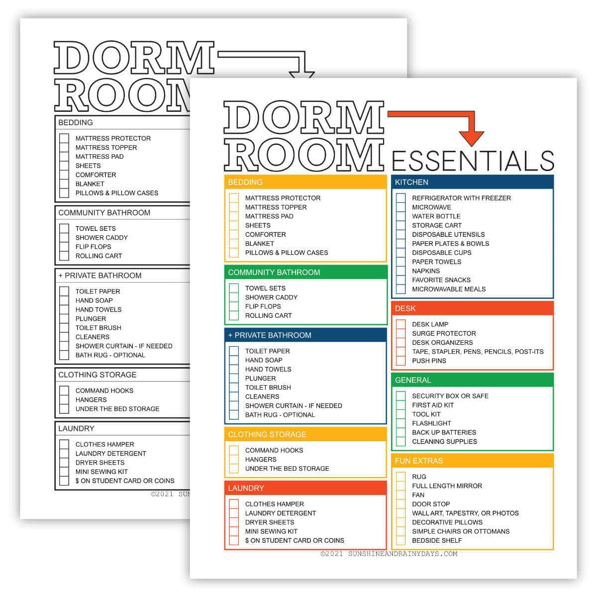 Printable Dorm Room Essentials checklist in black and white and full color.