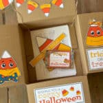 A care package box with printable box flap decor for Halloween.