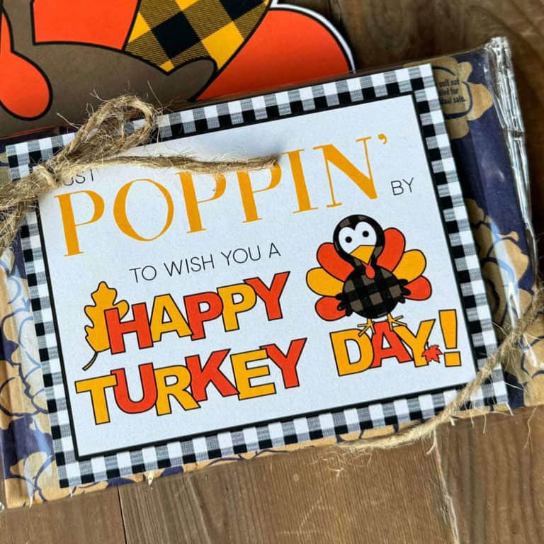 Thanksgiving tag tied on a bag of microwave popcorn with jute.