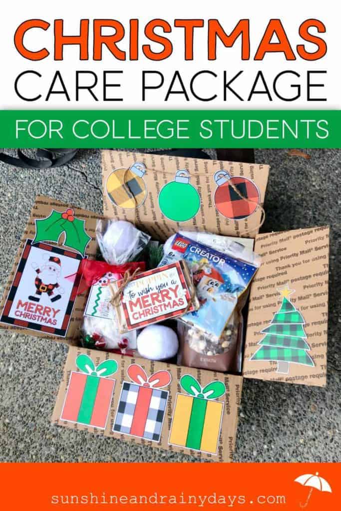 Christmas care package with printable box flap decor.