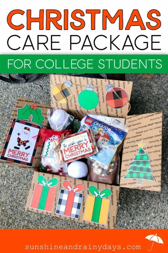 Christmas care package with printable box flap decor.