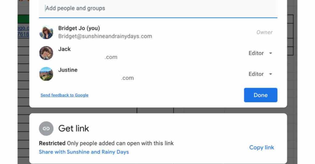 Sharing a restricted Google Sheet with family members.