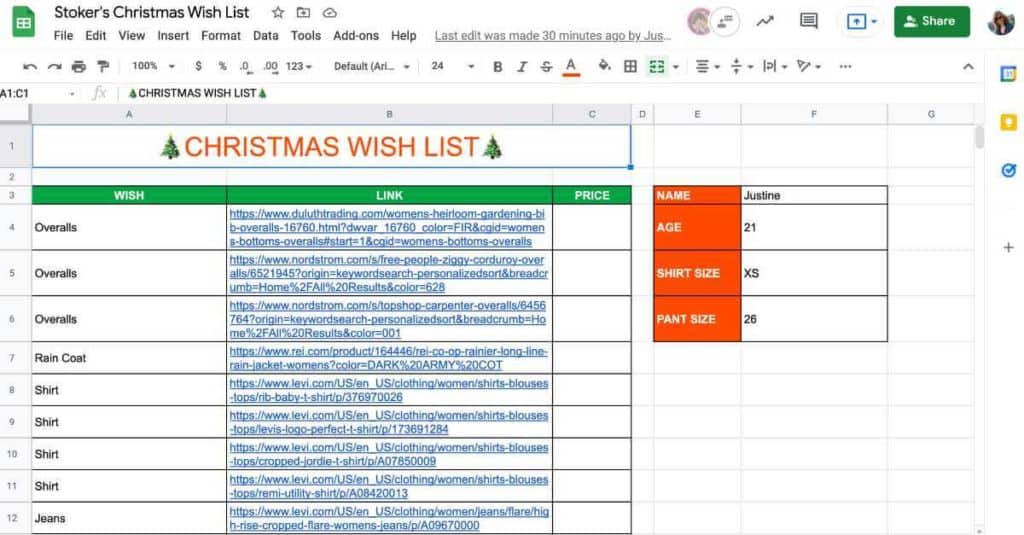 Christmas wish list done on a Google Sheet and filled out with links to wish list items.