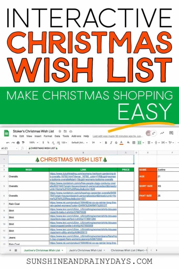 Christmas Wish List done on Google Sheets!