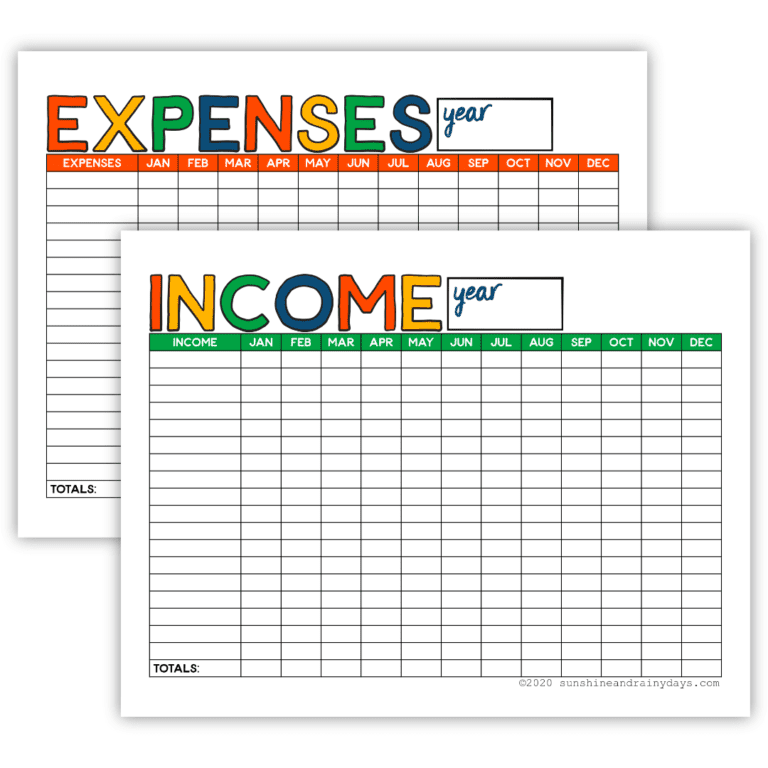 Income and Expense Printables - Sunshine and Rainy Days