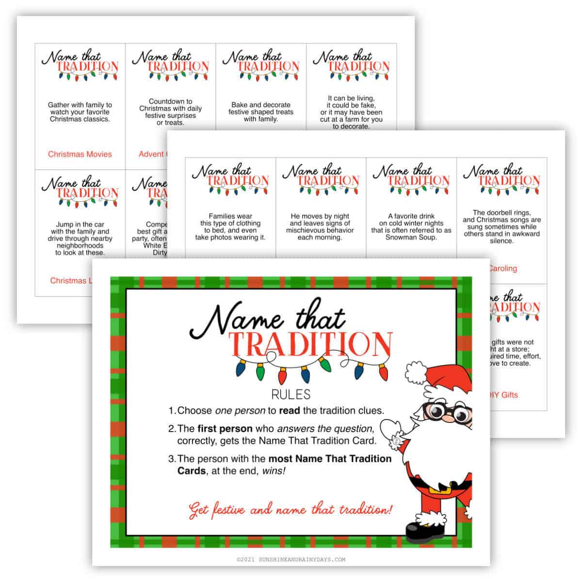 Image of three printable pages with Name That Tradition cards for a Christmas Game.