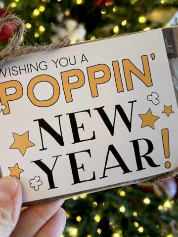 Poppin' New Year Tag on a bag of microwave popcorn.