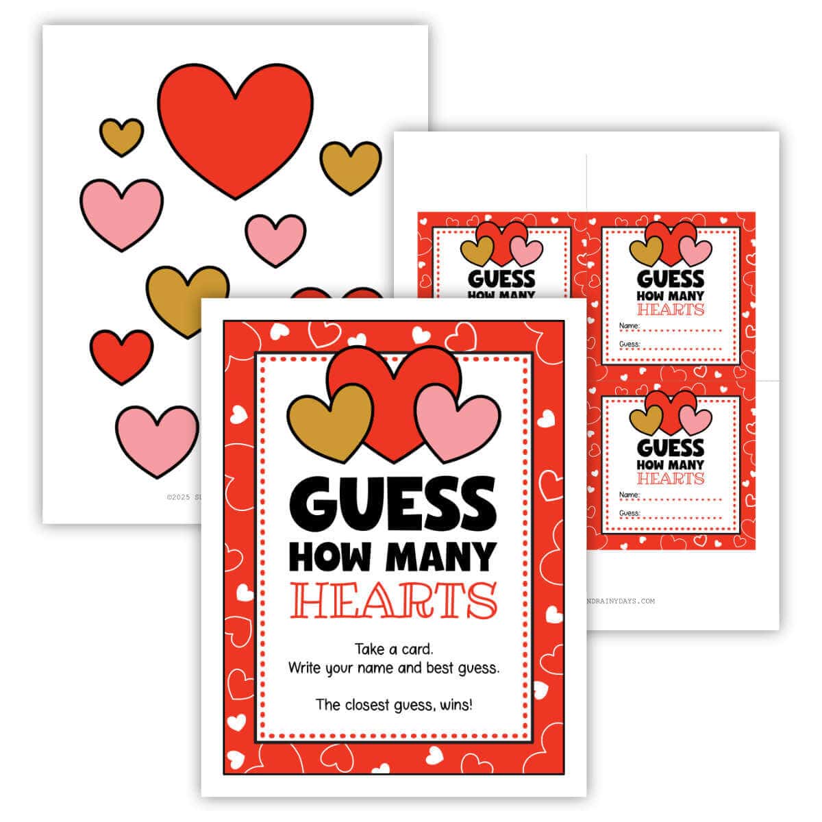 Printable guess how many hearts sign, guess cards, and clip art hearts.