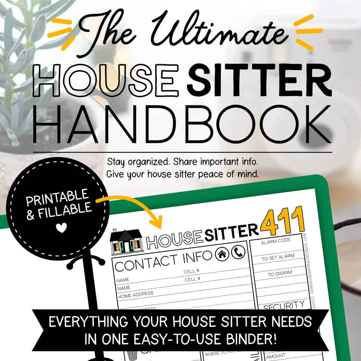 Image of a house sitter binder with a plant and coffee cup in the background.