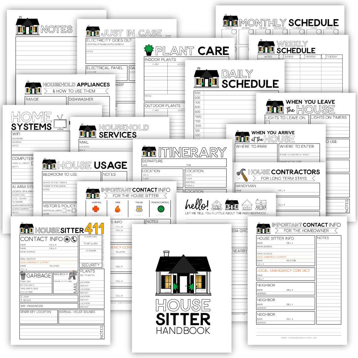 Image of printable pages for a house sitter binder.