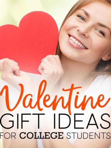 College student holding a heart with words: Valentine Gift Ideas For College Students