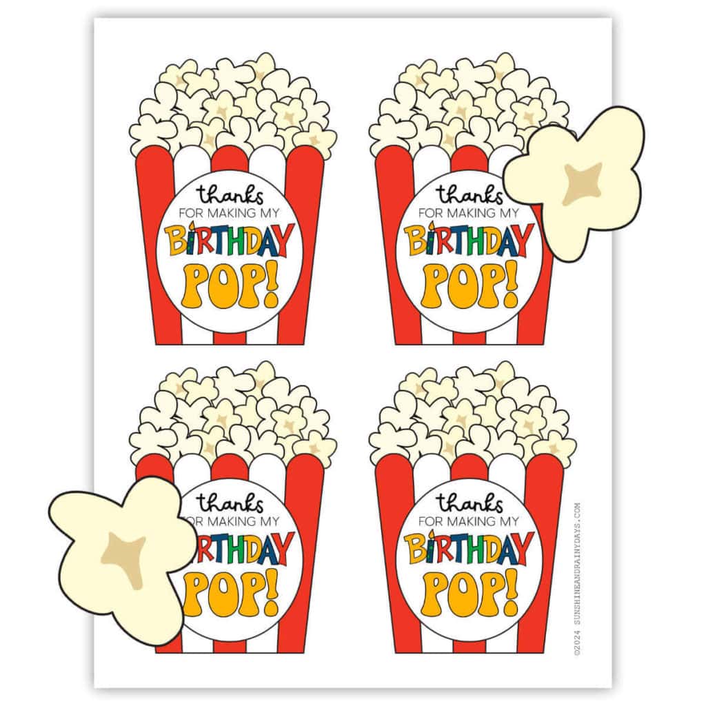Thanks For Making My Birthday POP! microwave popcorn party favor tag.
