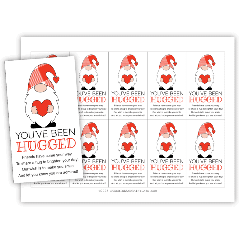 Image of a printable page with ten you've been hugged cards on it featuring a gnome holding a heart.