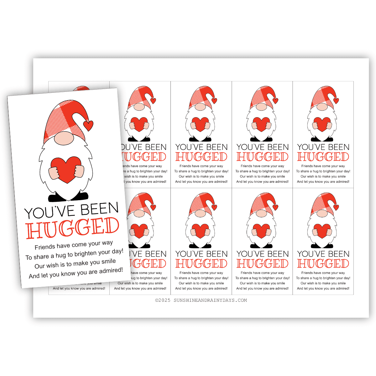 Image of a printable page with ten you've been hugged cards on it featuring a gnome holding a heart.