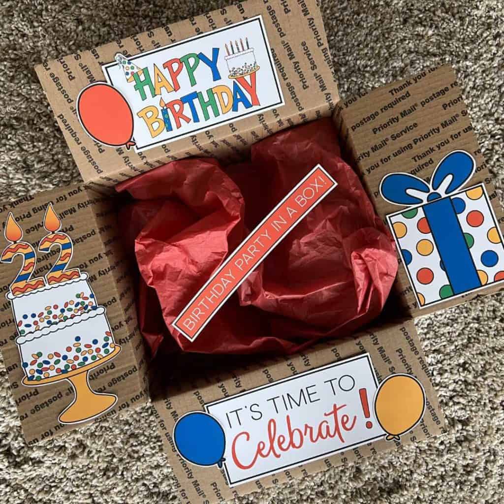 A box decorated with Birthday Party In A Box Printables