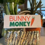 Image of a snack-size baggie full of rolled bills with a printable baggie topper that says Bunny Money.