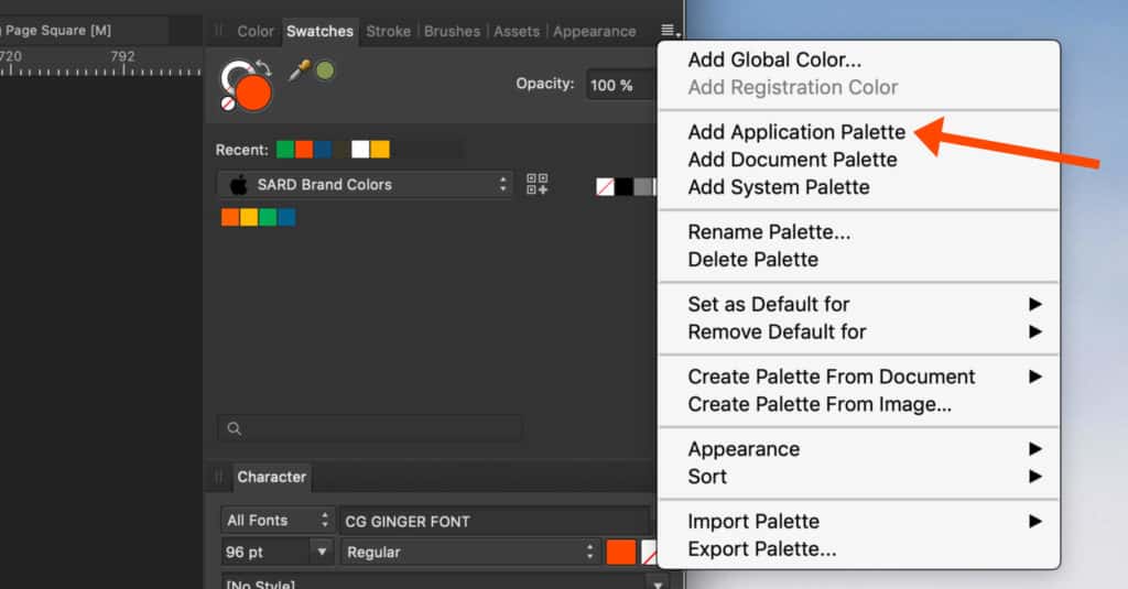 Add application palette in Affinity Designer.