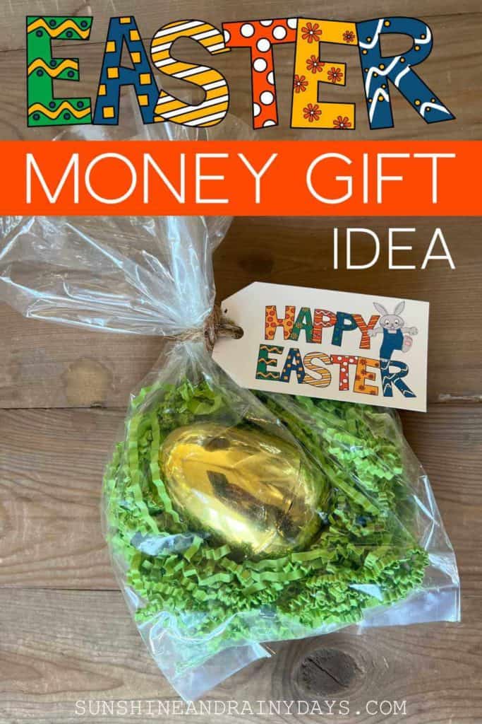Golden Easter egg with money inside and wrapped in a clear treat bag.