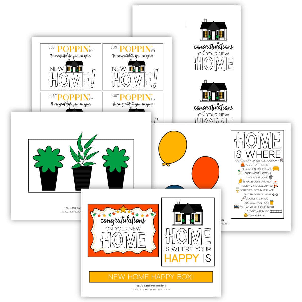 Image of five printable pages with a new home theme to decorate box flaps with.